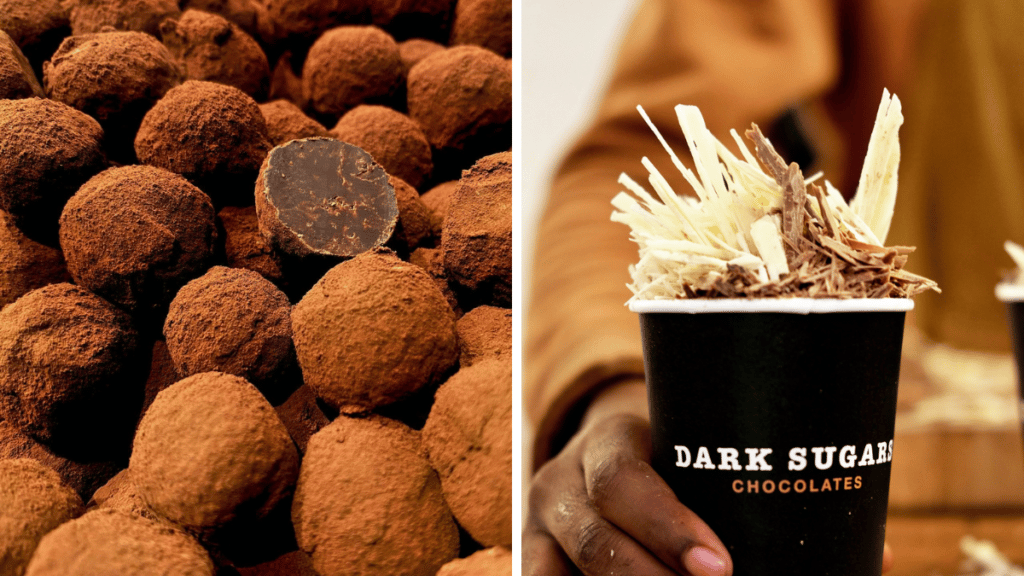 a split screen image showing chocolate truffles and a hand serving over a cup of dark sugars hot chocolate