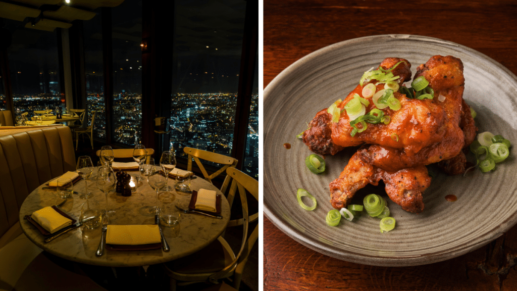 a split screen image showing a table next to a nighttime view of London, and a plate of fried chicken