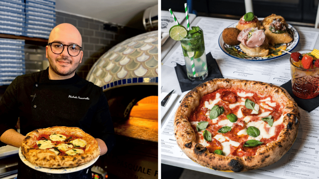 a split screen image showing Michele Pascarella from napoli on the road holding a pizza, and an image of a pizza on the table with a drink and some small bites next to it
