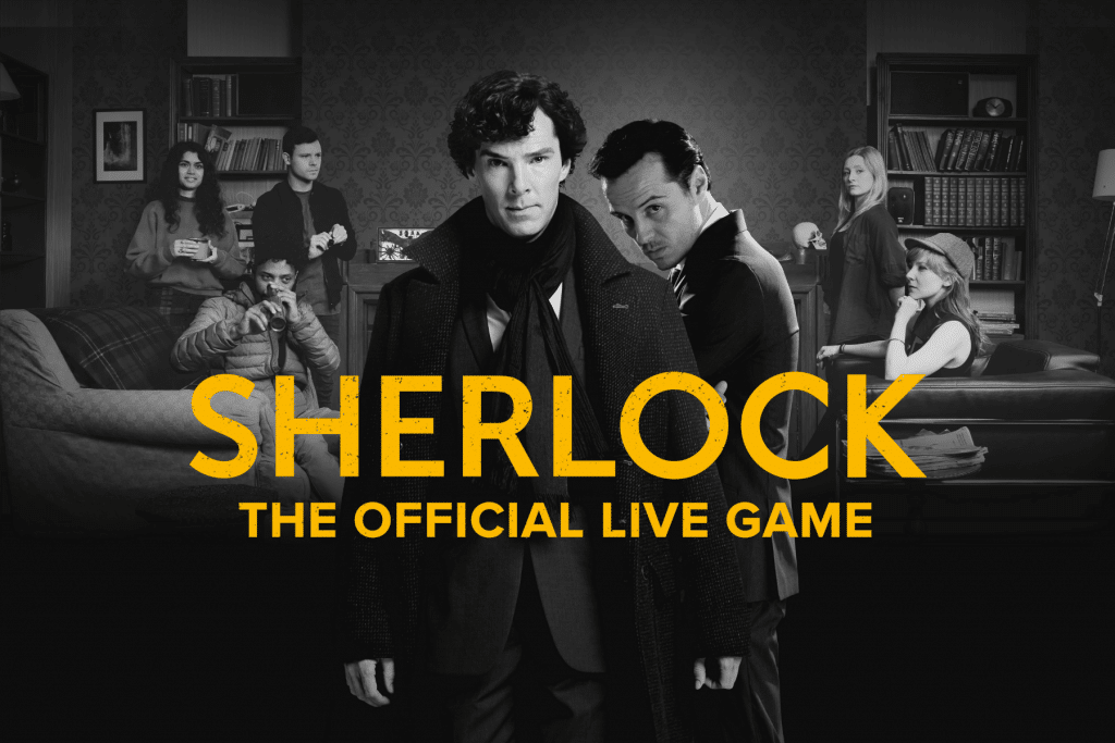 Sherlock and Moriarty posing for a photograph in Sherlock: The Official Live Game 